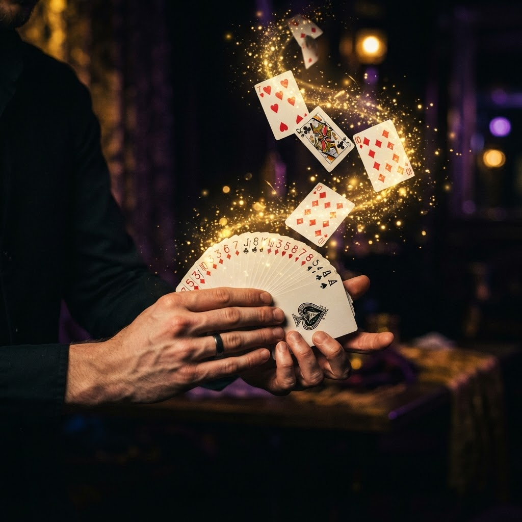 Mãos jovens fazendo um truque de mágica com cartas e faíscas douradas